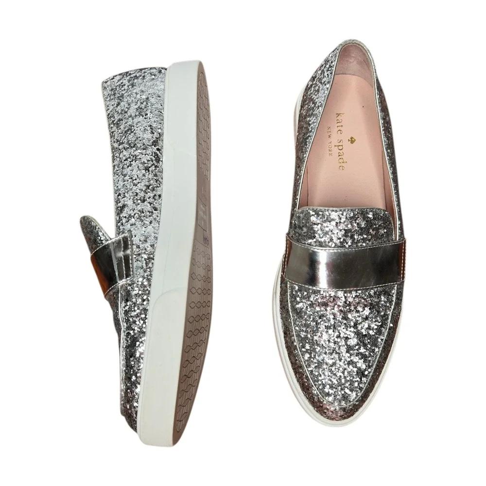 Kate Spade Clover Glitter Leather Slip-On Sneakers Silver Metallic Loafers 7.5